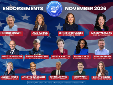 graphic showing all 14 of Ohio Citizen Action's endorsements for November 2026: Sherrod Brown, Amy Acton, Jennifer Brunner, Marilyn Zayas, Greg Landsman, Brian Poindexter, Marcy Kaptur, Emilia Sykes, Don Leonard, Allison Russo, Annette Blackwell, John Kulewicz, Seth Walsh, Shelby Kimball