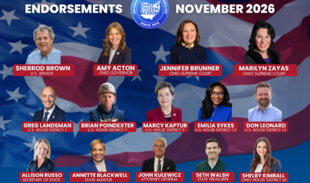 graphic showing all 14 of Ohio Citizen Action's endorsements for November 2026: Sherrod Brown, Amy Acton, Jennifer Brunner, Marilyn Zayas, Greg Landsman, Brian Poindexter, Marcy Kaptur, Emilia Sykes, Don Leonard, Allison Russo, Annette Blackwell, John Kulewicz, Seth Walsh, Shelby Kimball